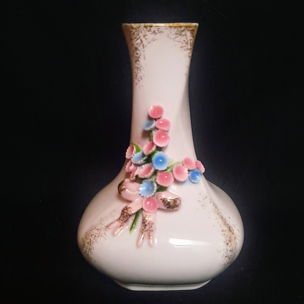 Lefton Pink Handpainted Applied Flowers Vase